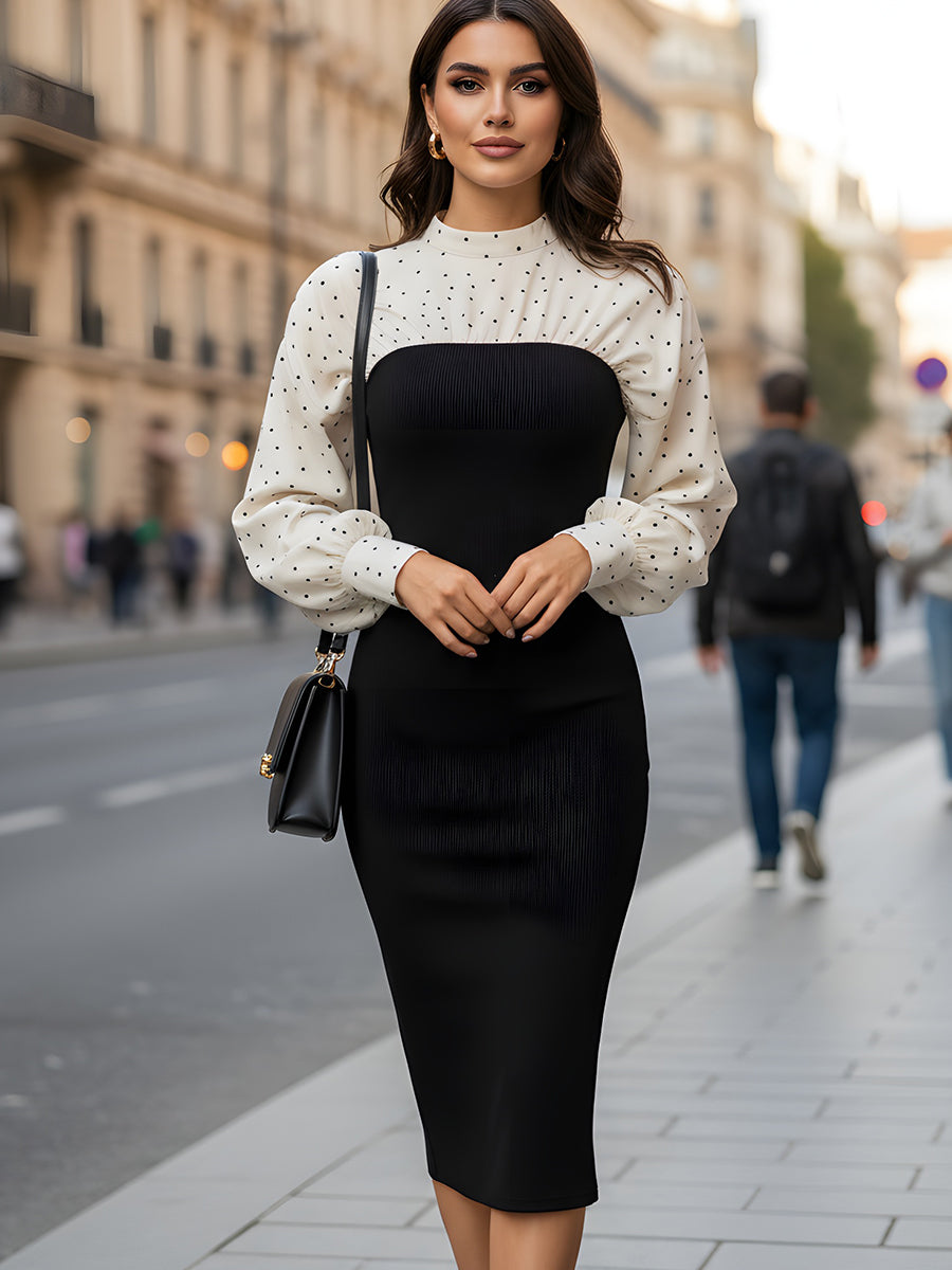Black And White Polka Dot Contrast Midi Dress