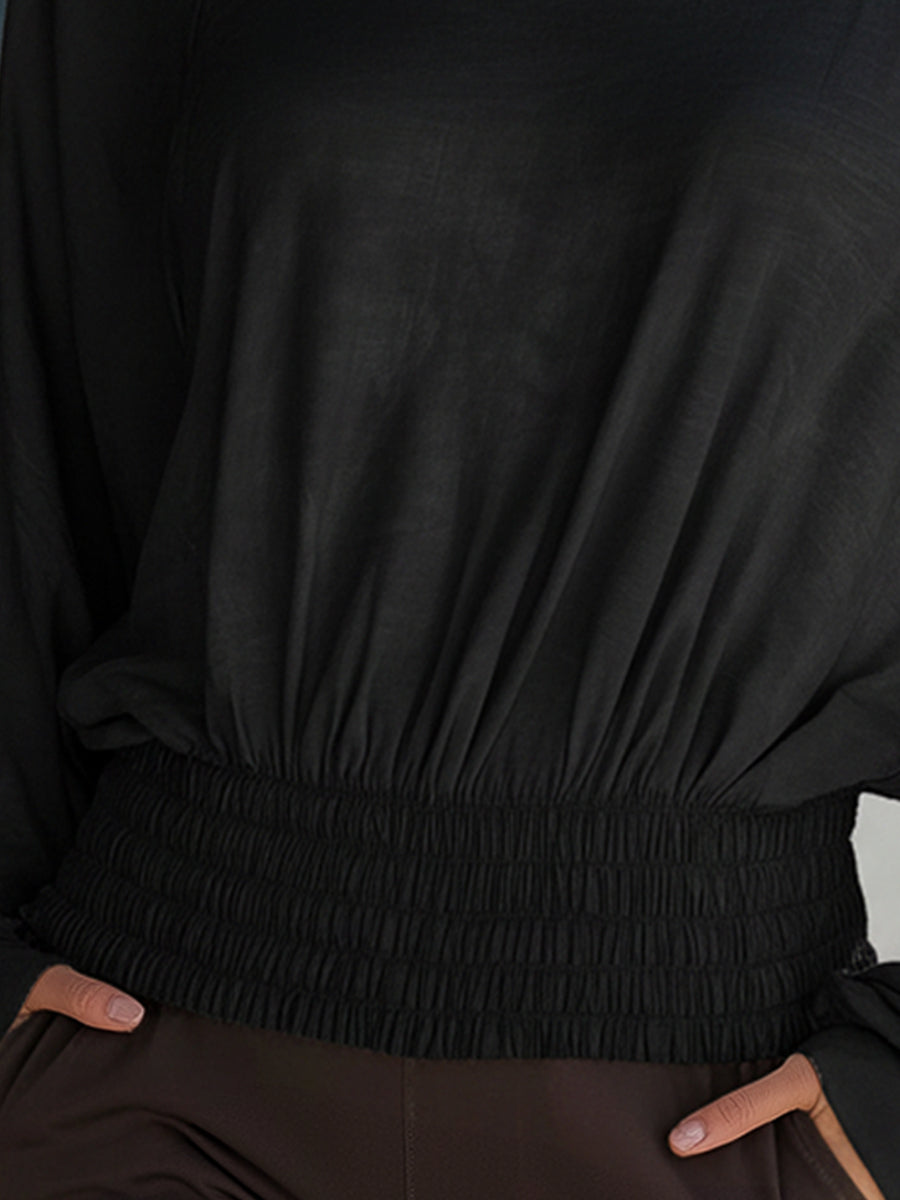 Black Relaxed Boat-Neck Smocked Waist Blouse
