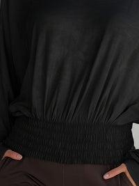 Black Relaxed Boat-Neck Smocked Waist Blouse