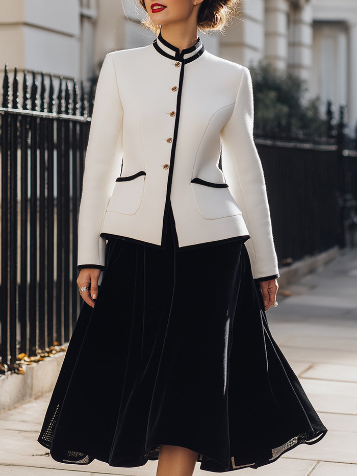 Monochrome Elegance Tailored Jacket And Velvet Skirt Ensemble