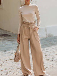 Beige Drawstring Pants And Long Sleeve Top Set