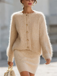 Cream Fluffy Knit Cardigan And Dress Set