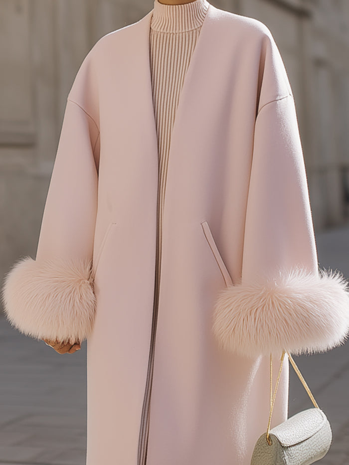Blush Pink Longline Coat With Faux Fur Cuffs