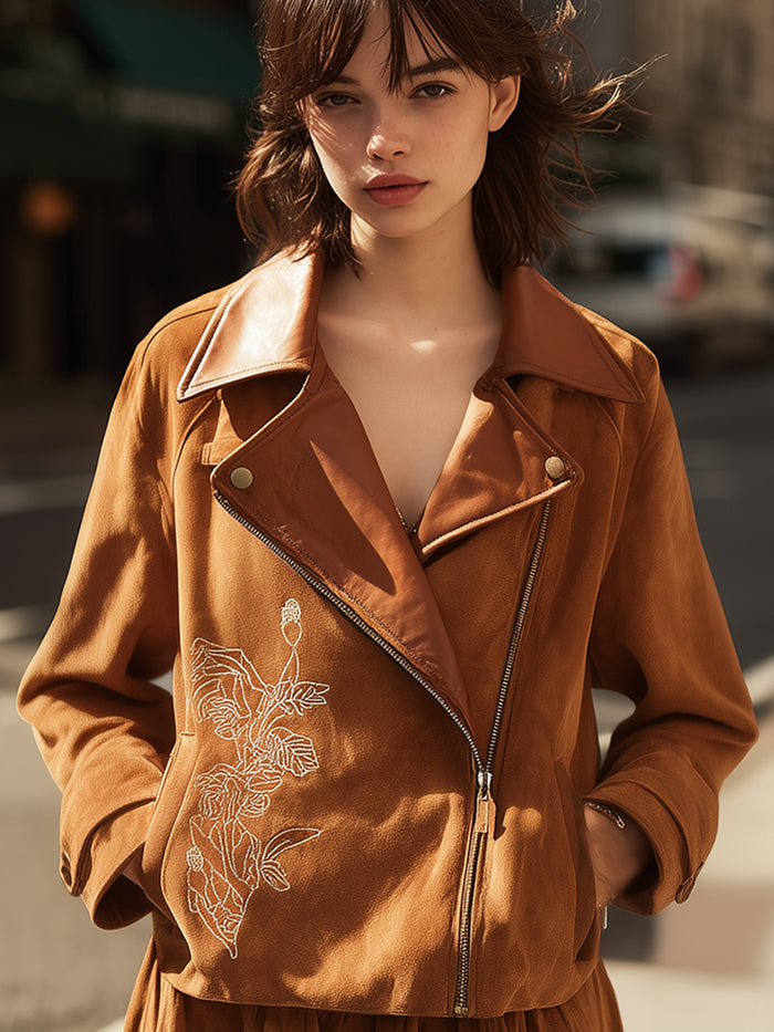 Caramel Embroidered Faux Suede Moto Jacket With Leather Lapel