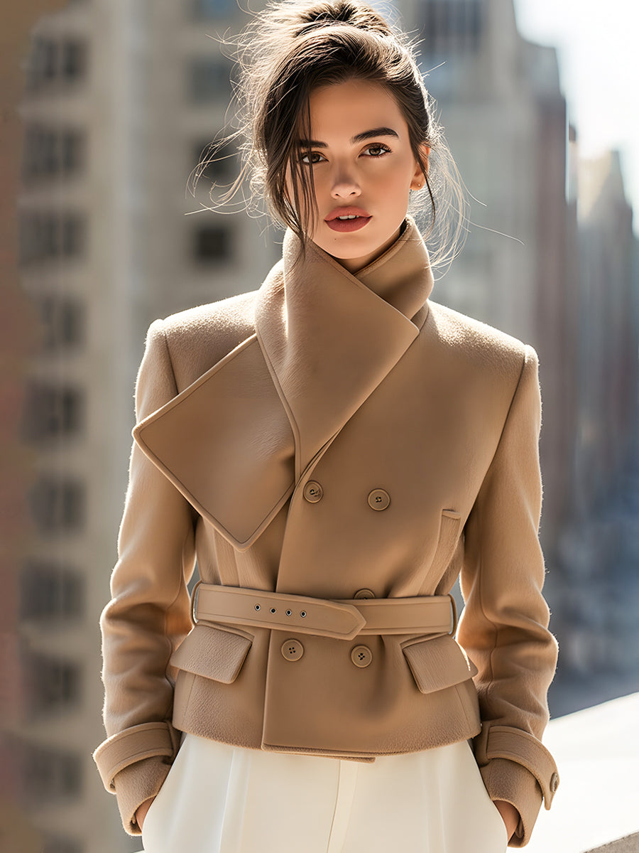 Structured Camel Wool Jacket With Asymmetric Collar And Belted Waist
