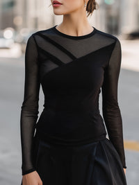 Mesh Paneled Asymmetric Long-Sleeve Fitted Top