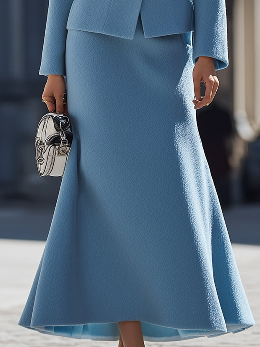 Blue Wool Skirt Suit With Fur Collar