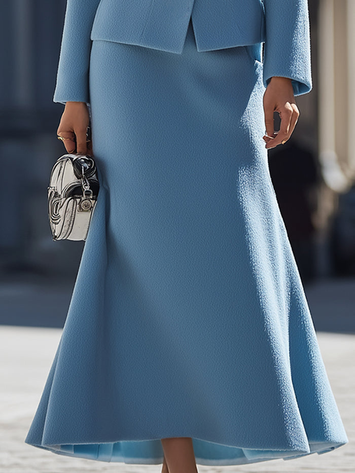 Blue Wool Skirt Suit With Fur Collar