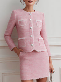 Pink Tweed Button-Front Skirt Suit Set