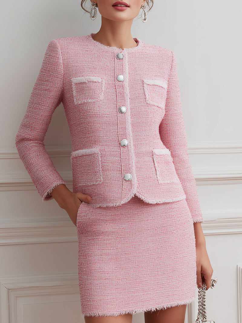 Pink Tweed Button-Front Skirt Suit Set