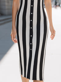 Vertical Stripe Button-Front Ribbed Knit Midi Dress