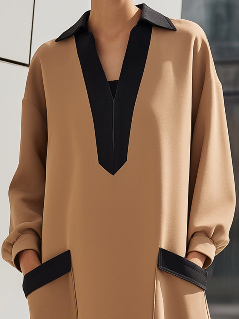 Camel Contrast-Collar Minimalist Shift Dress