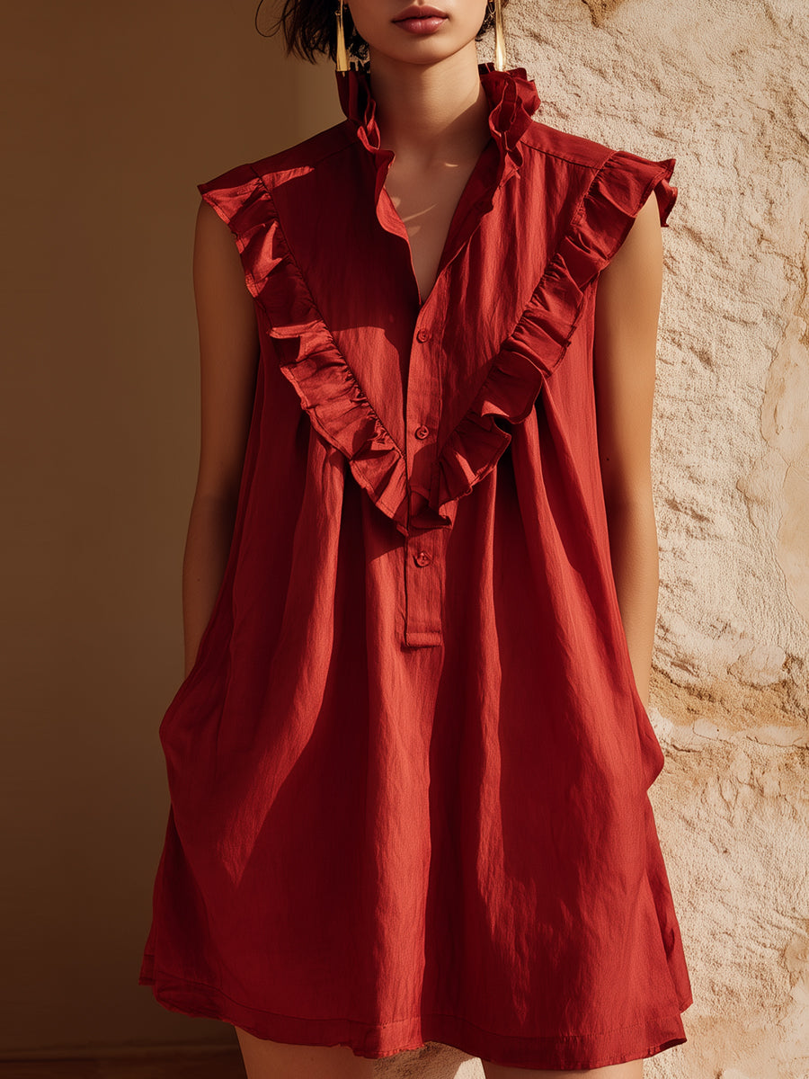 Ruffled Stand Collar Sleeveless Statement Dress
