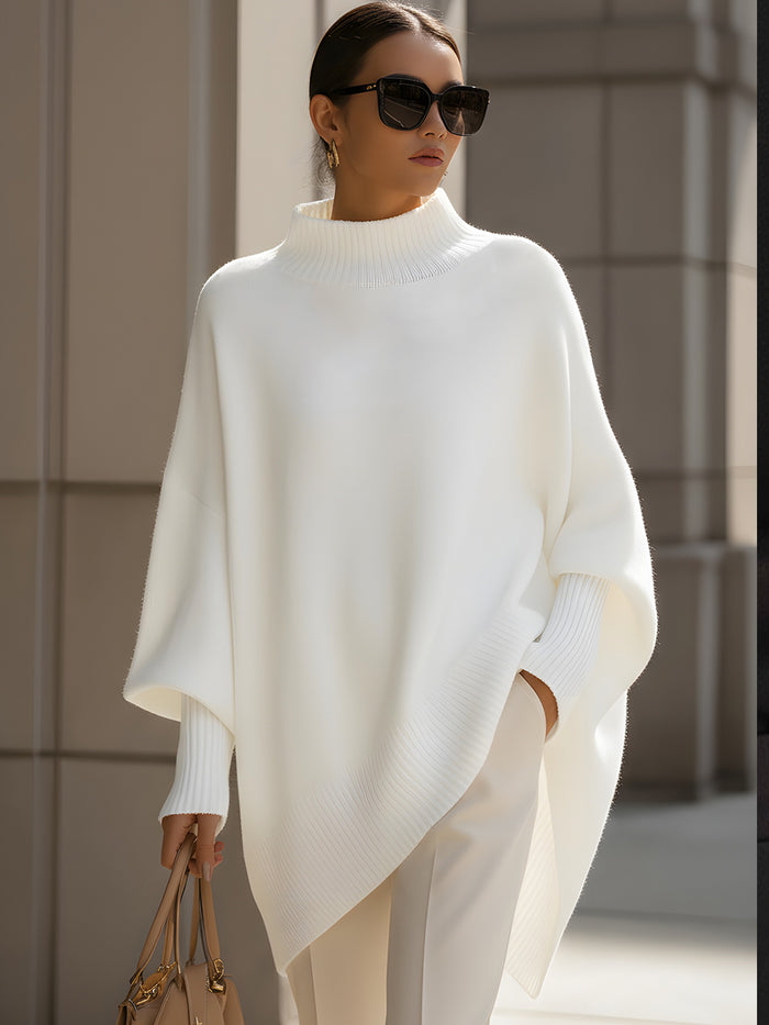 Ivory Asymmetric Ribbed Turtleneck Poncho Sweater