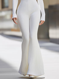 Zip-Front Ribbed Long-Sleeve Flared Jumpsuit