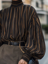High-Neck Striped Lantern Sleeve Blouse