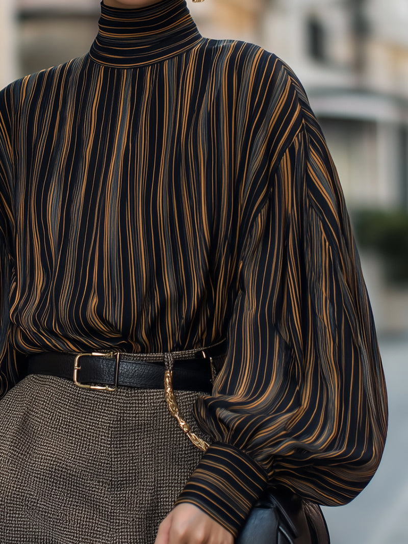 High-Neck Striped Lantern Sleeve Blouse