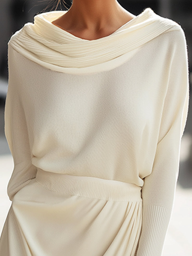 Elegant Draped Scarf Neck Knit Midi Skirt Set