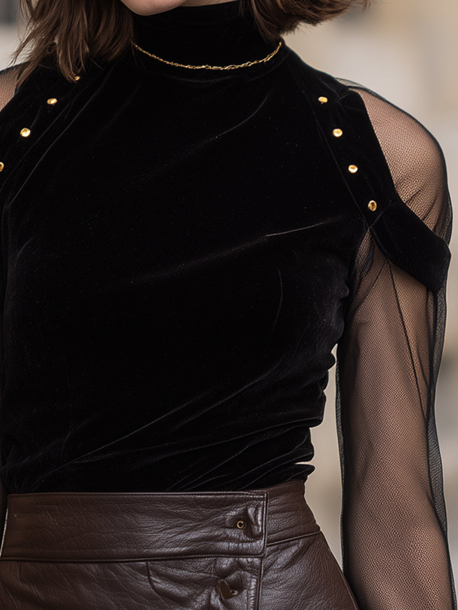 Black Velvet Mesh Sleeve Top With Gold Stud Shoulder Detail