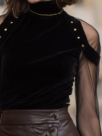 Black Velvet Mesh Sleeve Top With Gold Stud Shoulder Detail