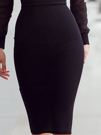 Sheer Yoke Collar-Detail Bodycon Midi Dress