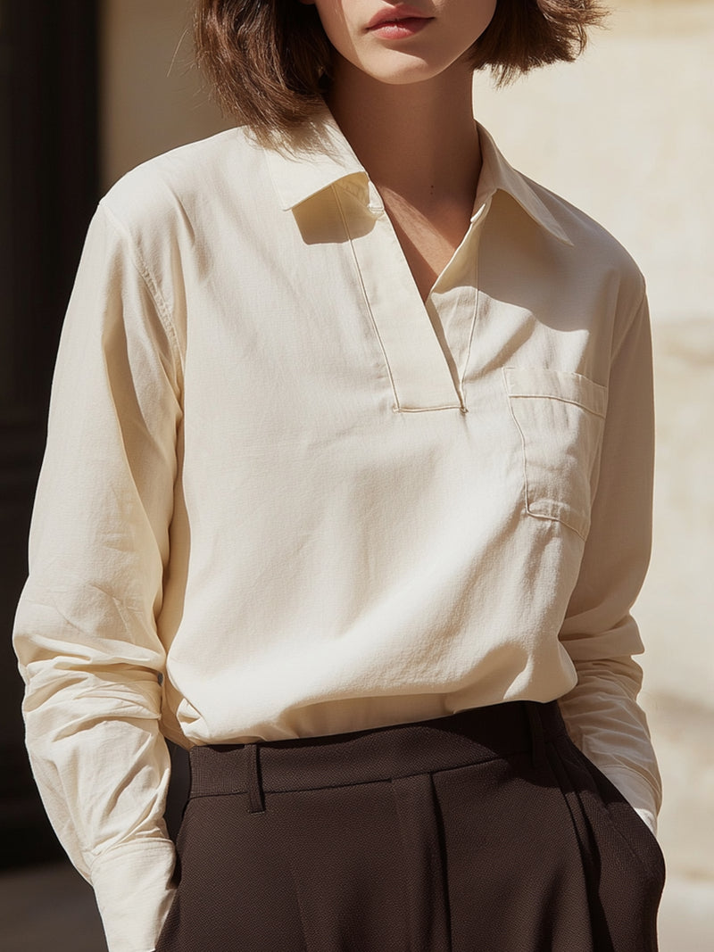 Ivory Minimalist Open-Collar Blouse