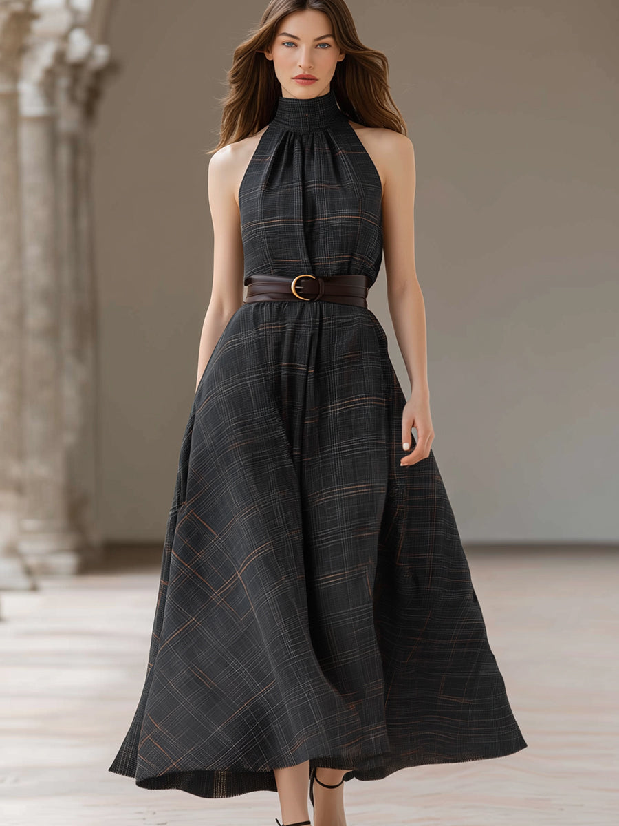 Halter-Neck Plaid Maxi Dress