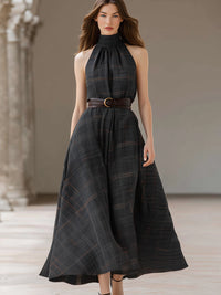 Halter-Neck Plaid Maxi Dress