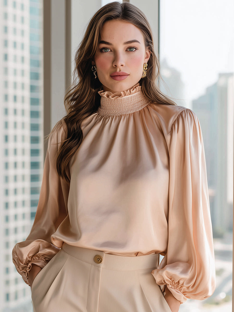 Champagne Satin High-Neck Blouse