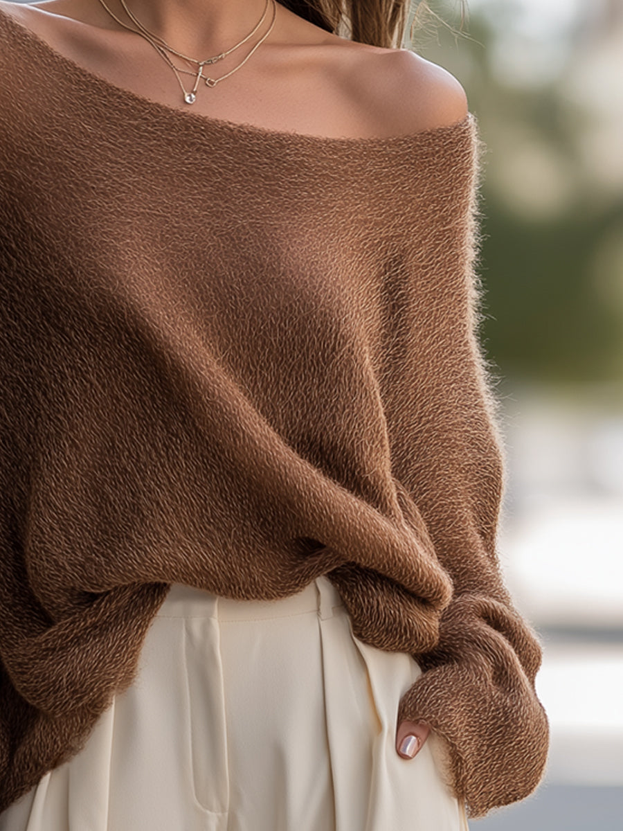 Chestnut Off-Shoulder Fluffy Knit Sweater