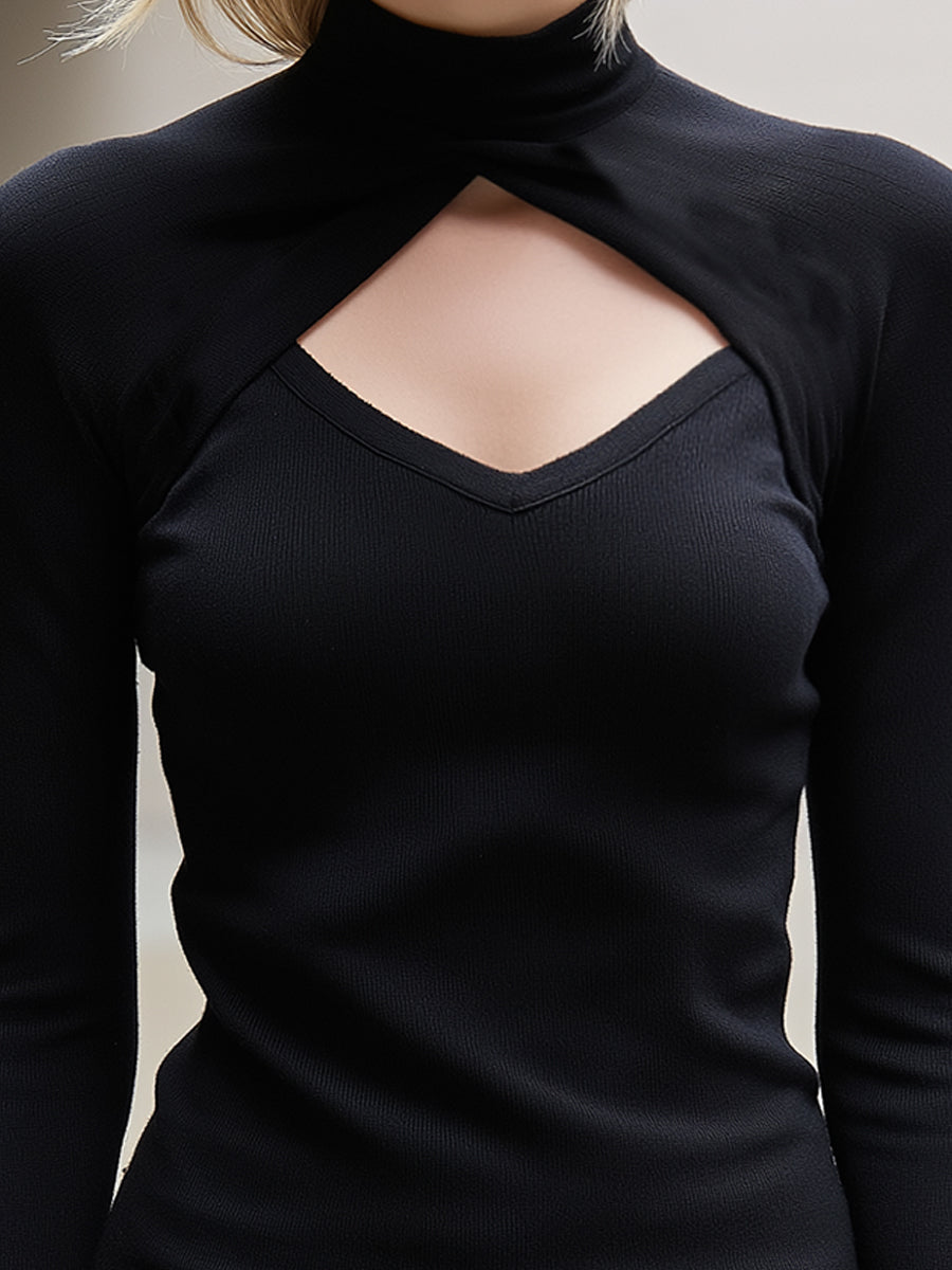 Mock-Neck Cutout Long-Sleeve Ribbed Knit Top In Black