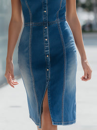 Sleeveless Button-Front Denim Midi Dress With Tailored Seaming