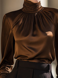Brown Satin Turtleneck Pleated Shirt