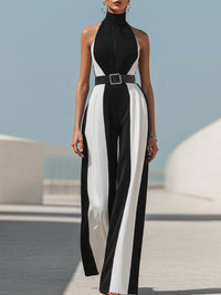 Monochrome Halter-Neck Belted Wide-Leg Jumpsuit