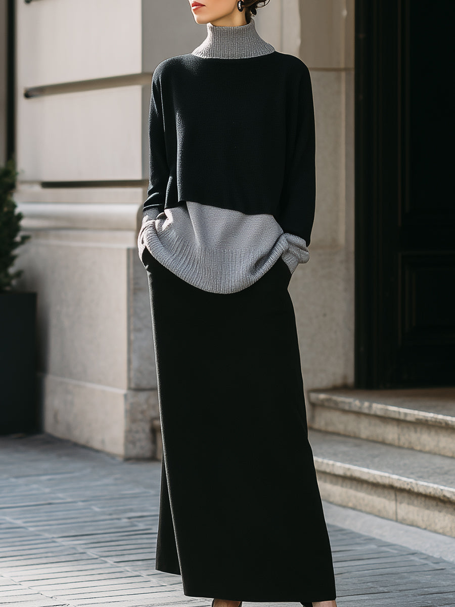 Gray Turtleneck Sweater And Black Skirt Three-Piece Set