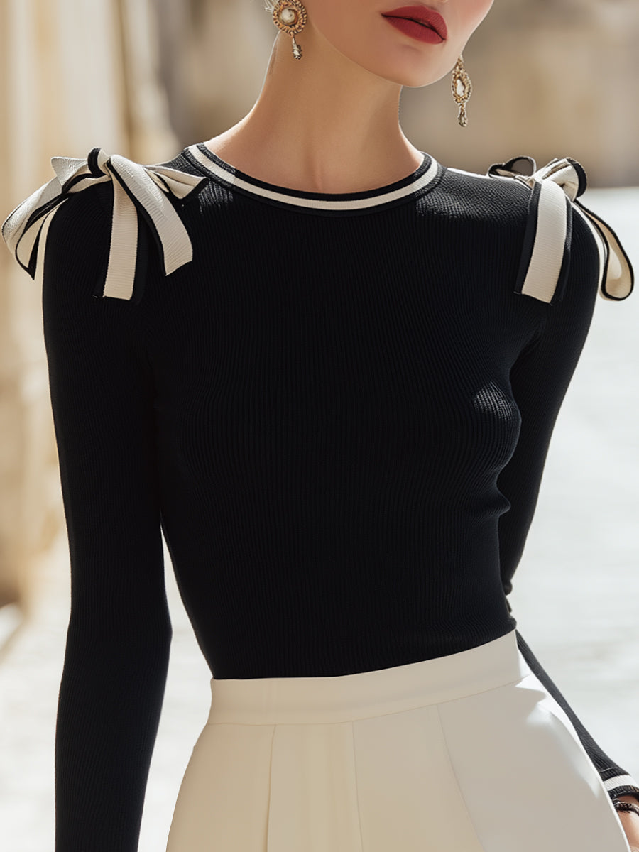 Black Knit Top With Contrasting Shoulder Bows