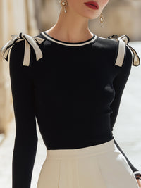 Black Knit Top With Contrasting Shoulder Bows