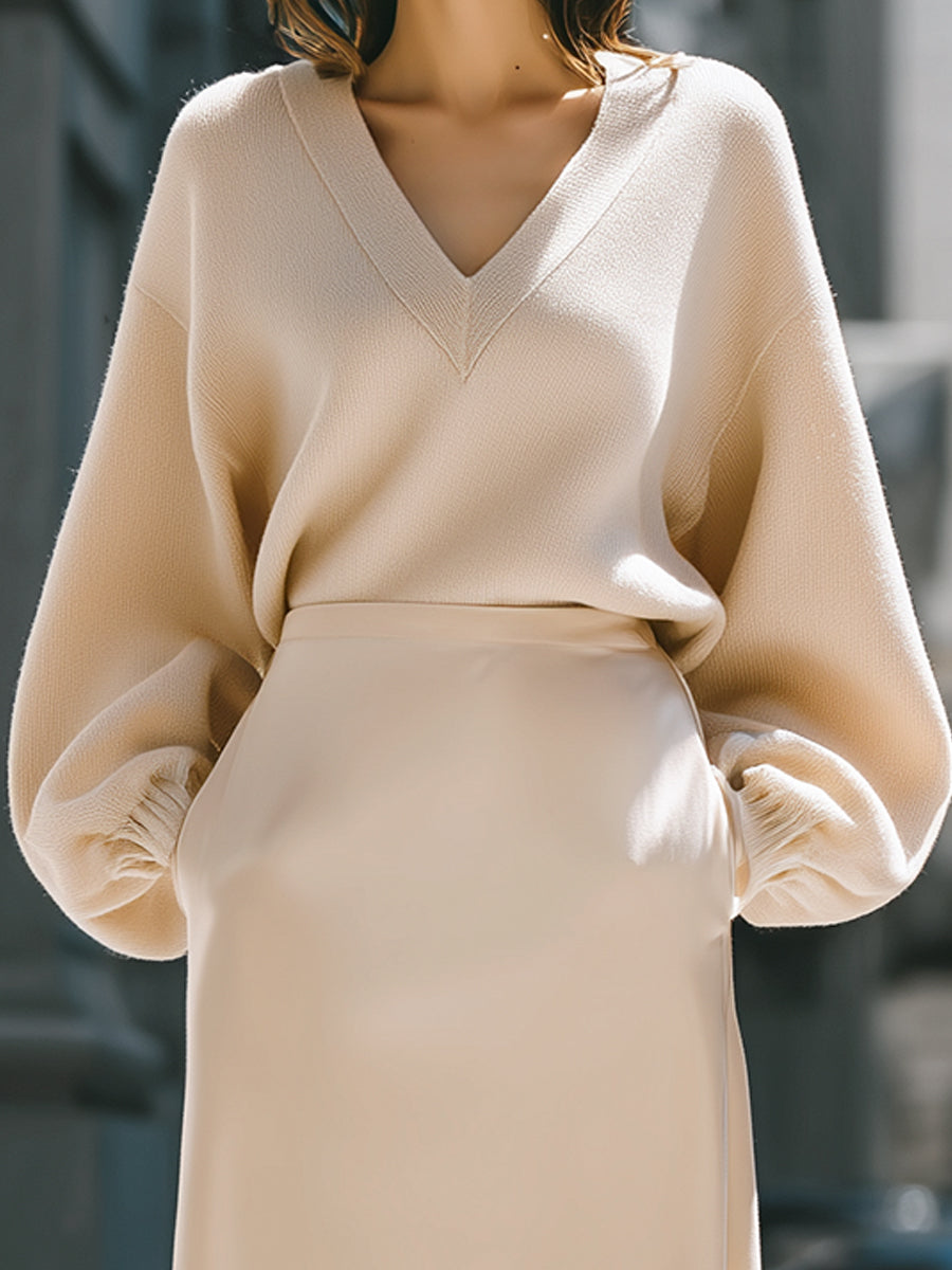 Minimalist V-Neck Sweater And Midi Skirt Set