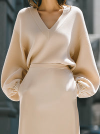 Minimalist V-Neck Sweater And Midi Skirt Set