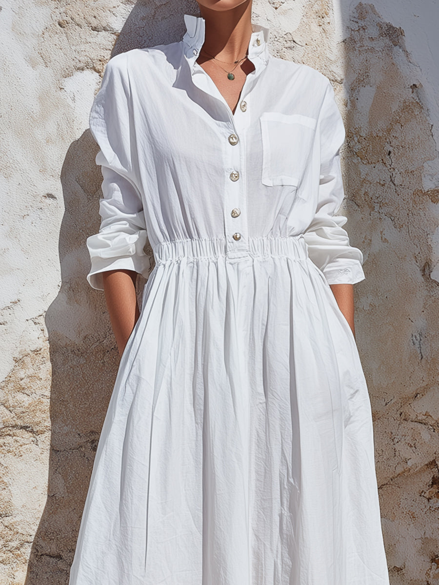 Lace-Trim Button-Front Maxi Shirt Dress