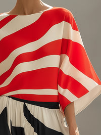 Red & Ivory Wave Print Batwing Top