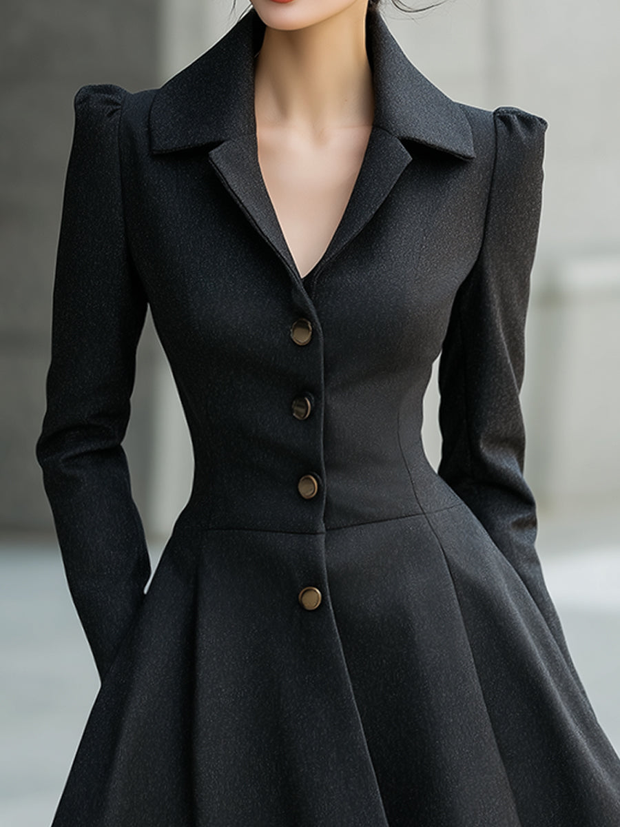 Black Tailored Blazer Dress With Flared Skirt