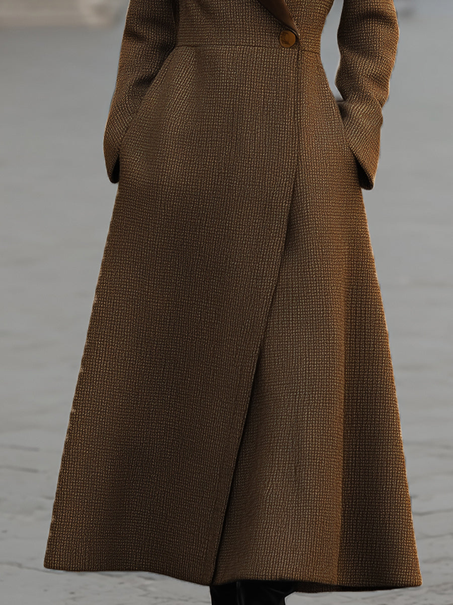Elegant Brown Textured Wool-Blend Long Coat
