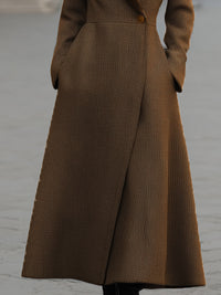 Elegant Brown Textured Wool-Blend Long Coat