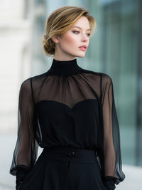 Sheer High-Neck Long Sleeve Elegant Top