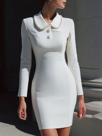 White Pearl-Collar Mini Dress With Long Sleeves