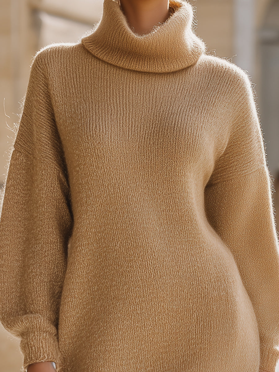 Beige Knit Turtleneck Sweater Dress
