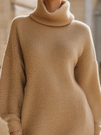 Beige Knit Turtleneck Sweater Dress