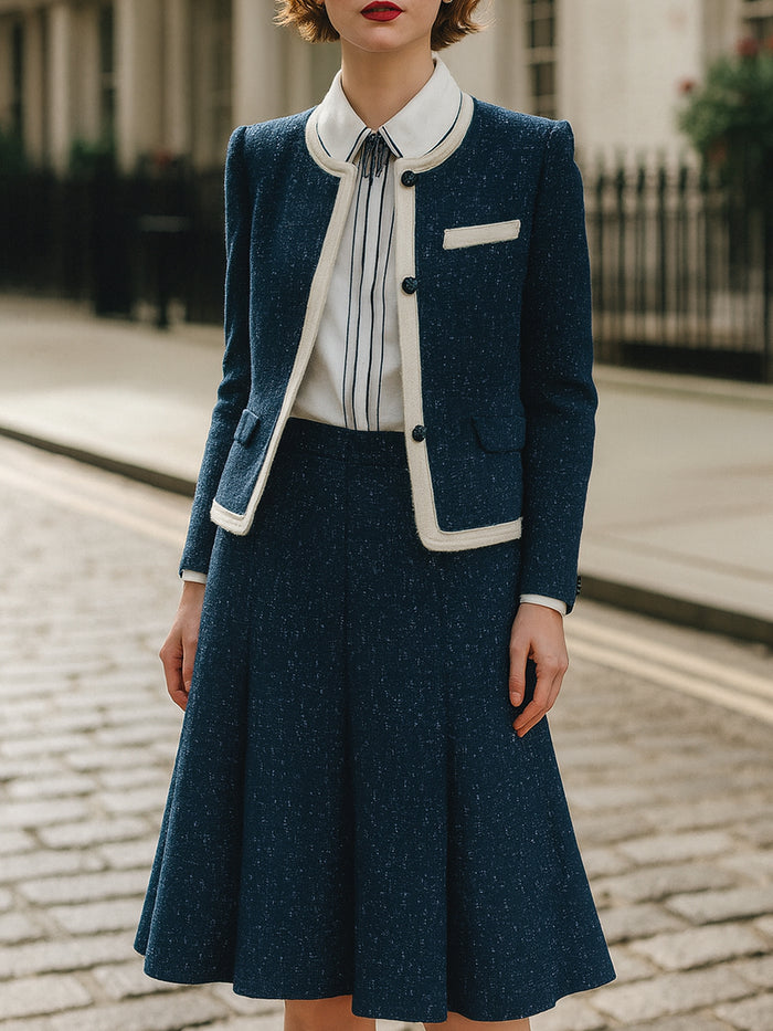 Navy Tweed Skirt Suit With Contrast Trim