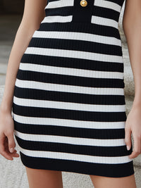 Black And Ivory Striped Ribbed Knit Mini Dress With Gold Button Detail